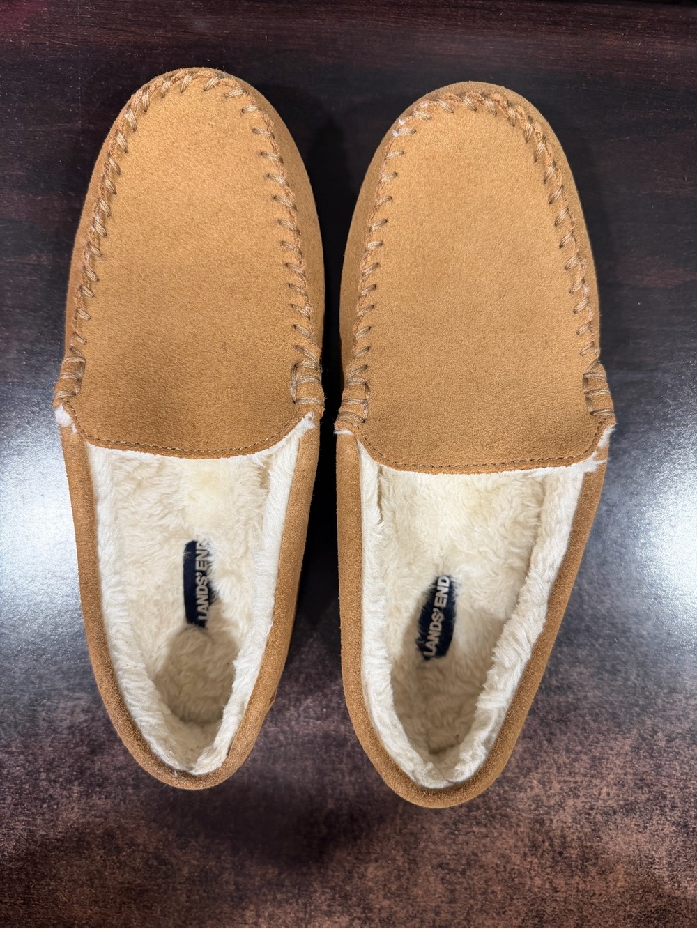 Lands' End Men’s Tan Suede Moccasin Slippers with Cream Shearling Lining
